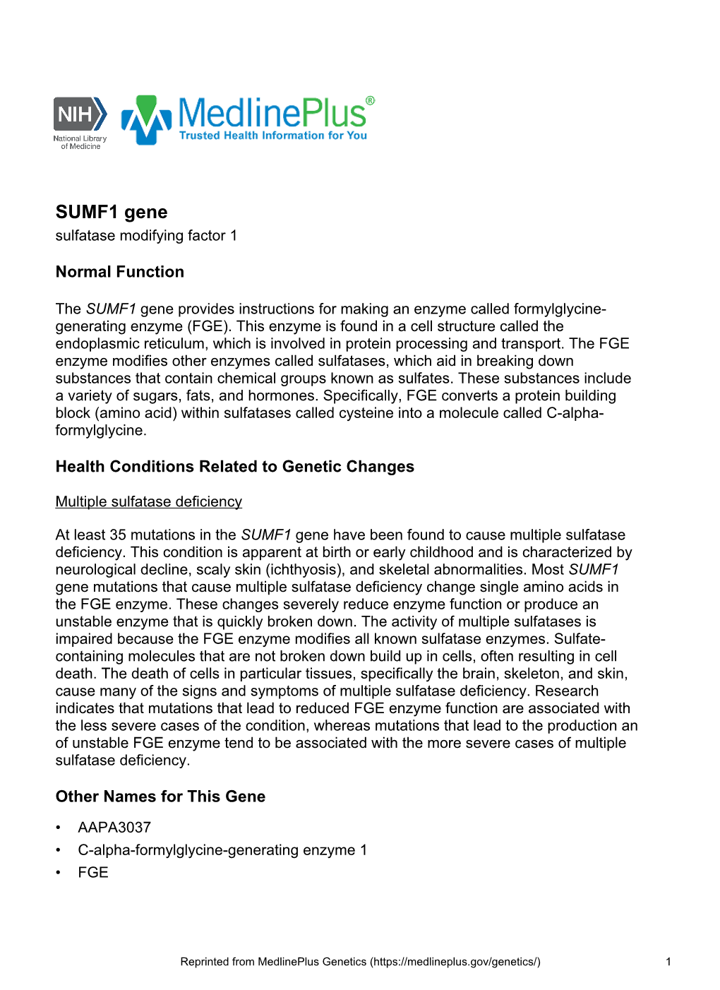 SUMF1 Gene Sulfatase Modifying Factor 1