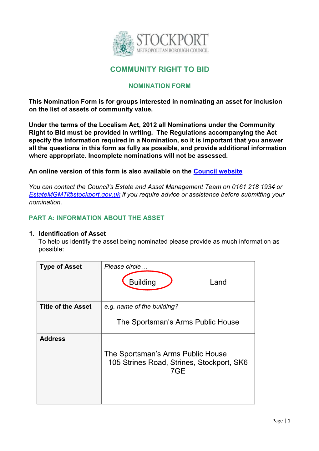 COMMUNITY RIGHT to BID Building Land the Sportsman's Arms Public House the Sportsman's Arms Public House 105 Strines