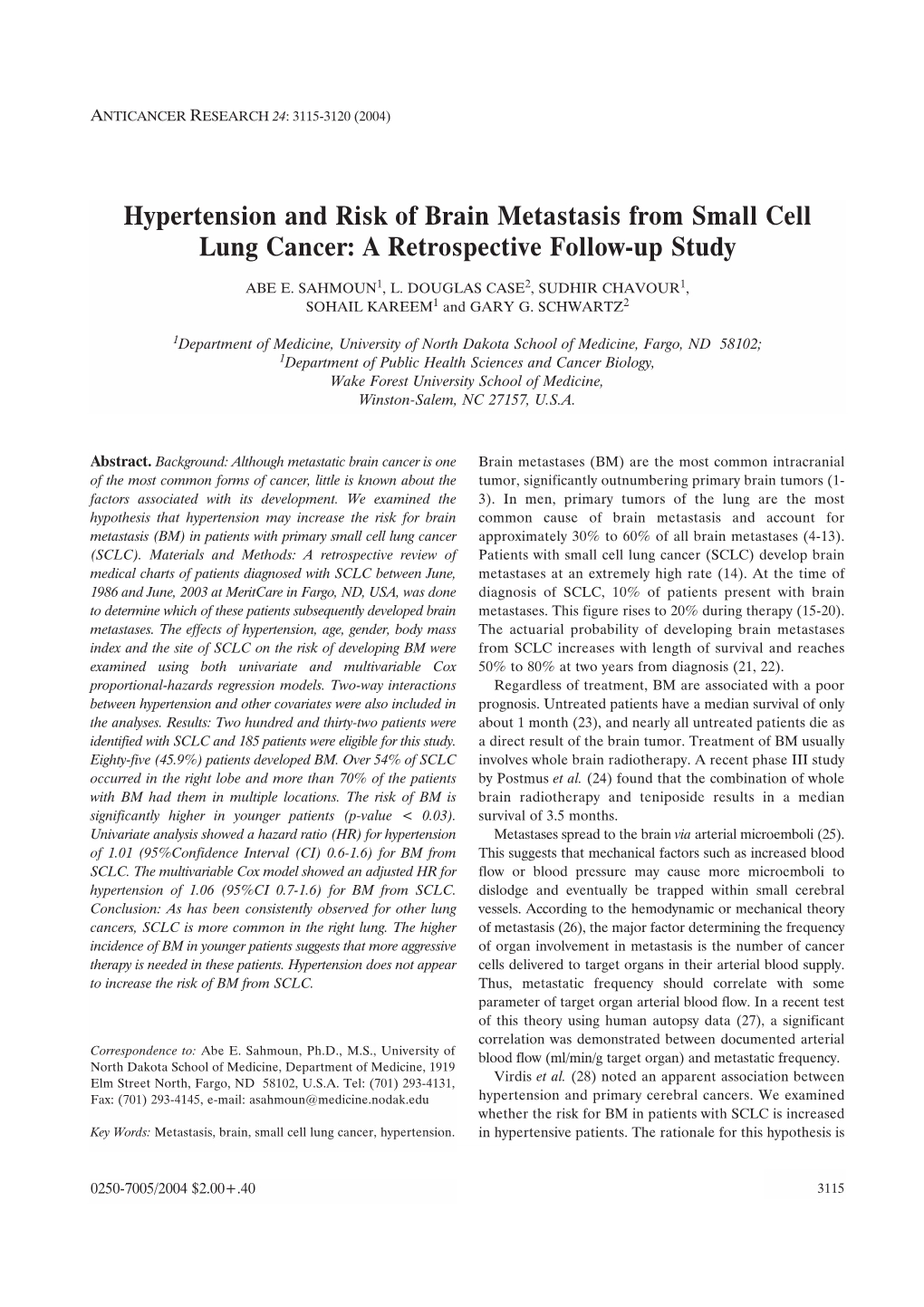 Hypertension and Risk of Brain Metastasis from Small Cell Lung Cancer: a Retrospective Follow-Up Study