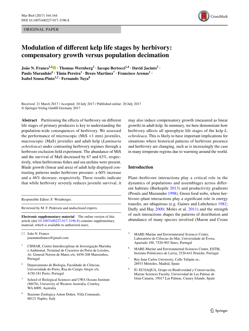 Modulation of Different Kelp Life Stages by Herbivory: Compensatory Growth