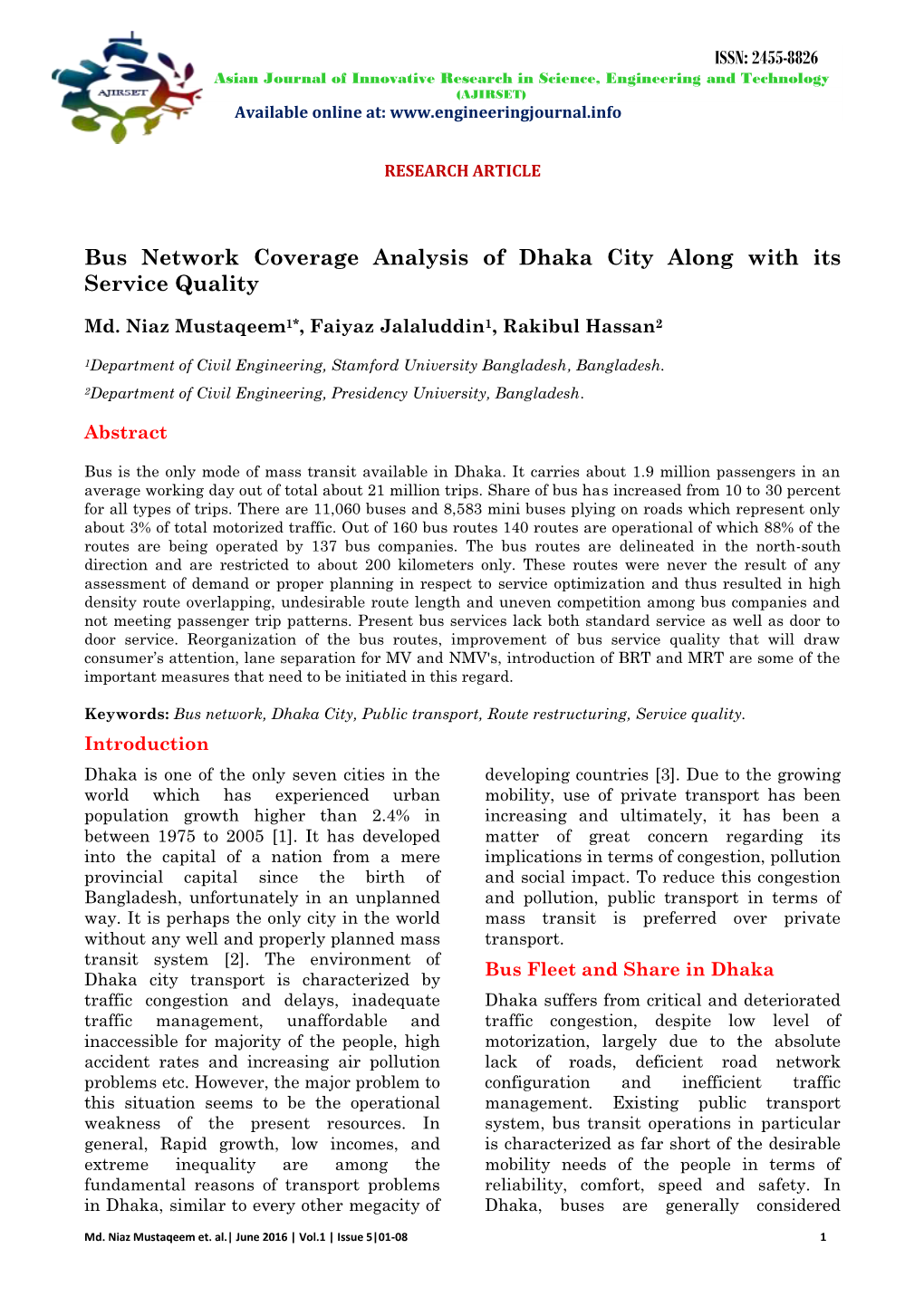 Bus Network Coverage Analysis of Dhaka City Along with Its Service Quality