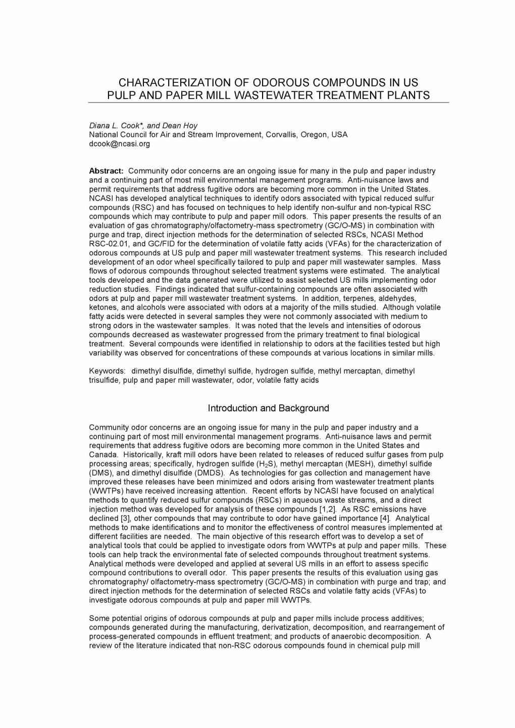 Characterization of Odorous Compounds in Us Pulp and Paper Mill Wastewater Treatment Plants