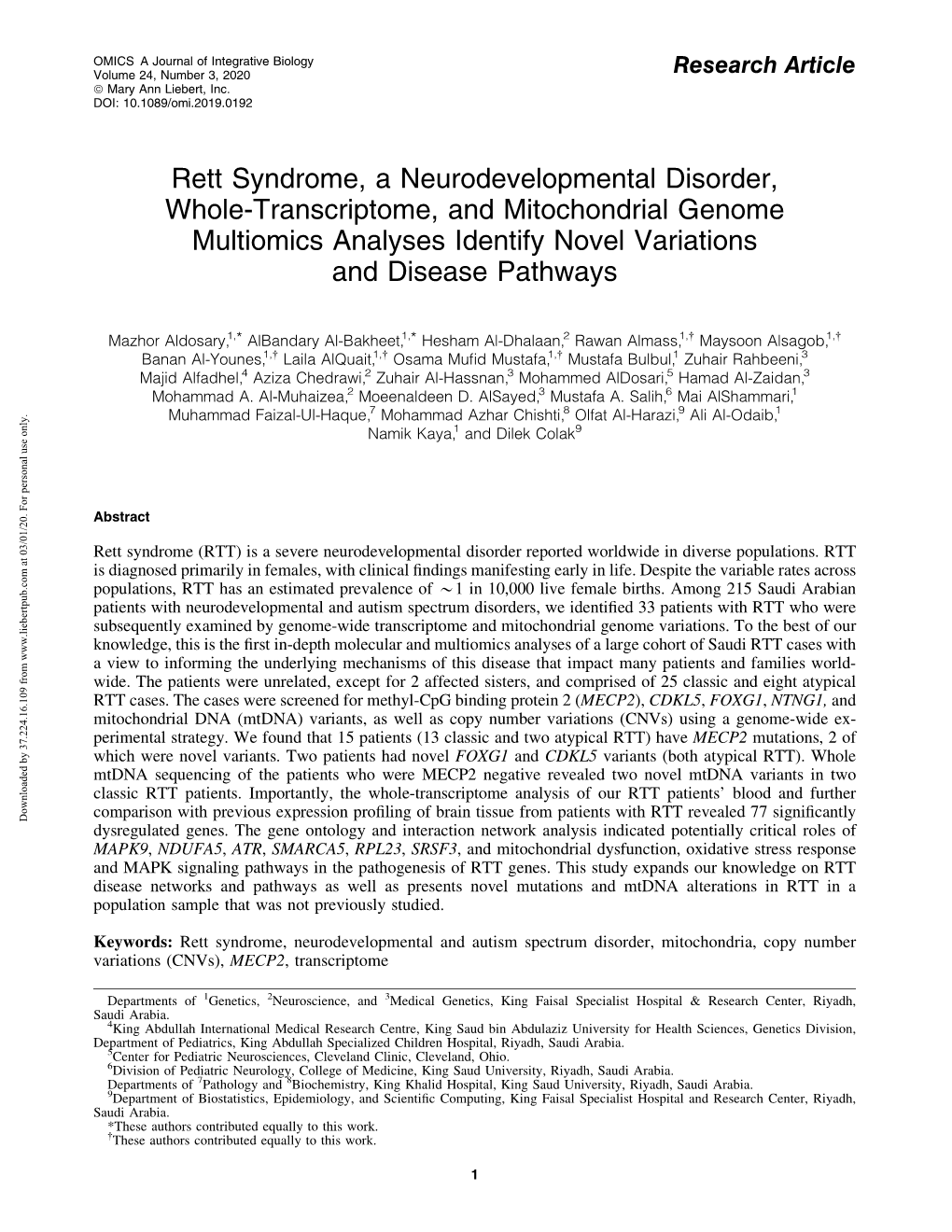 Rett Syndrome, a Neurodevelopmental Disorder, Whole-Transcriptome, and Mitochondrial Genome Multiomics Analyses Identify Novel Variations and Disease Pathways