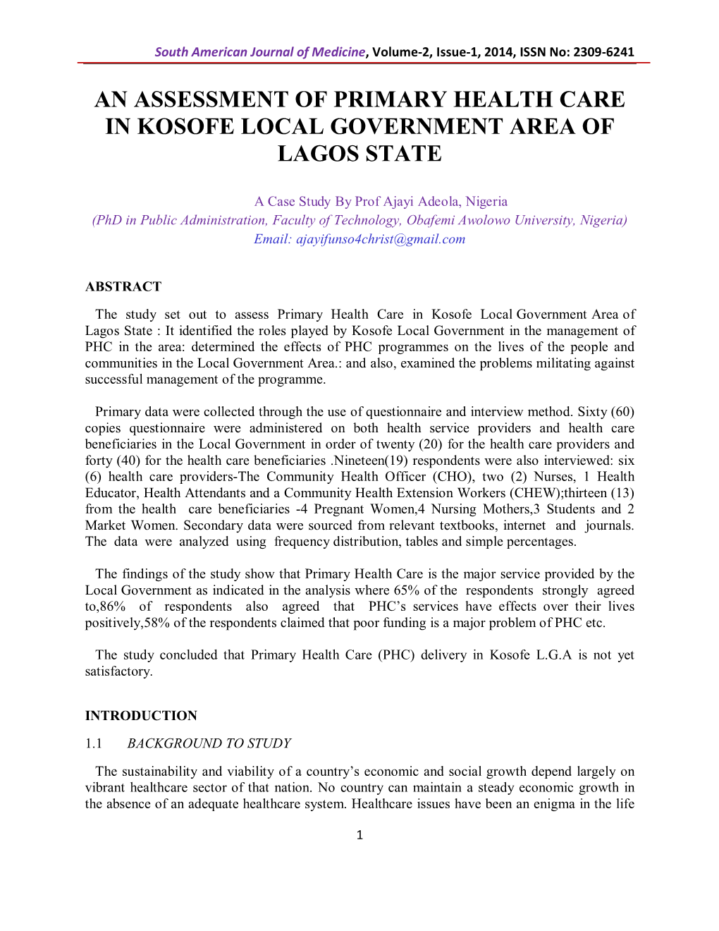 An Assessment of Primary Health Care in Kosofe Local Government Area of Lagos State