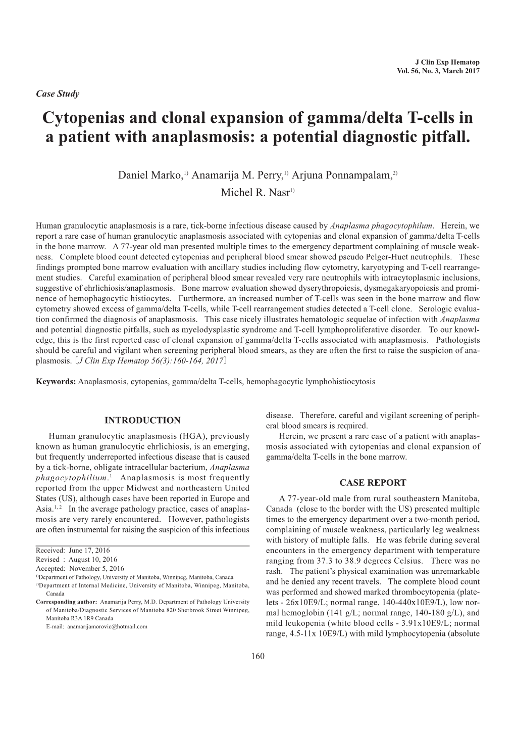 Cytopenias and Clonal Expansion of Gamma/Delta T-Cells in a Patient with Anaplasmosis: a Potential Diagnostic Pitfall