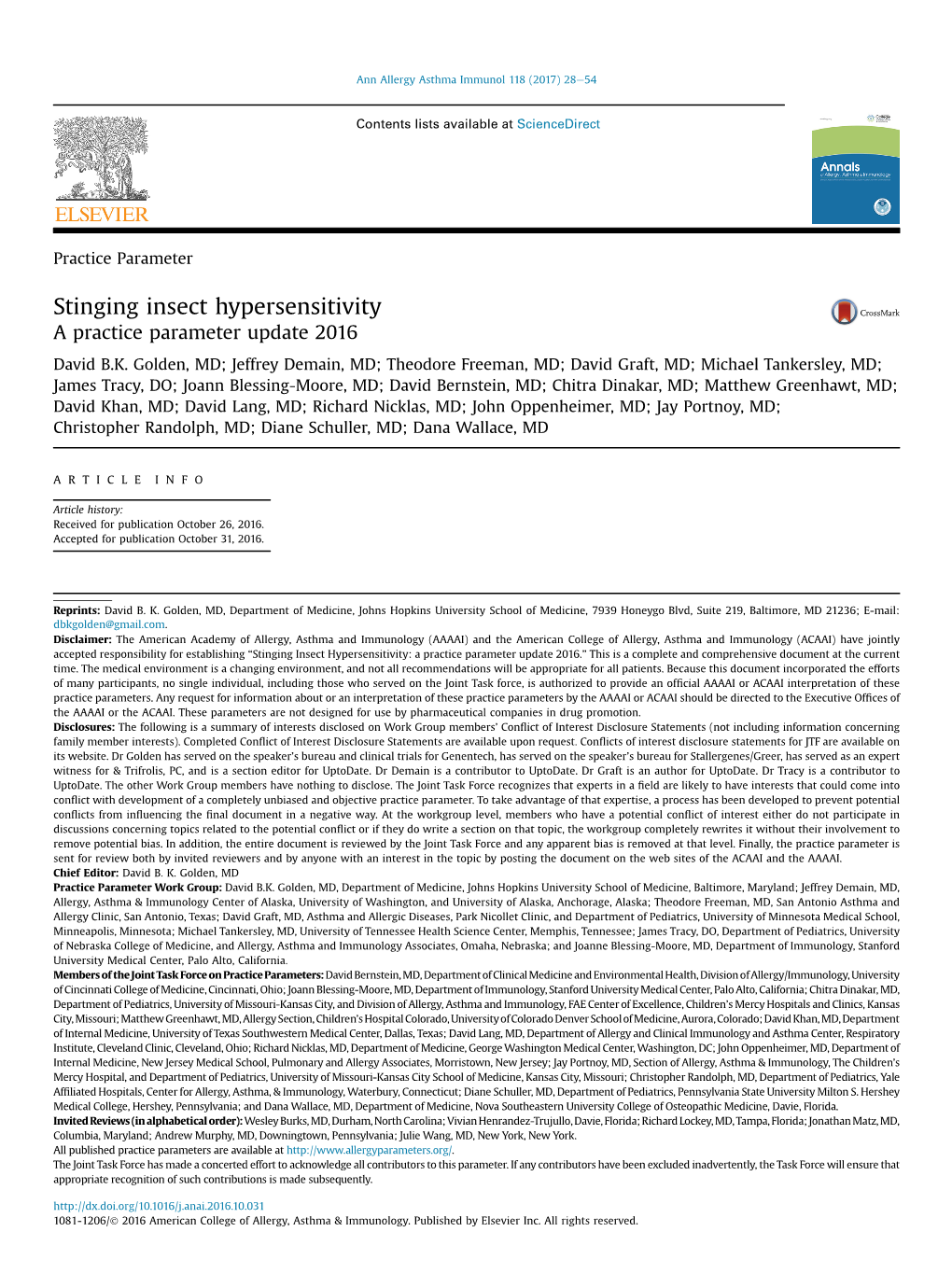 Stinging Insect Hypersensitivity a Practice Parameter Update 2016 David B.K