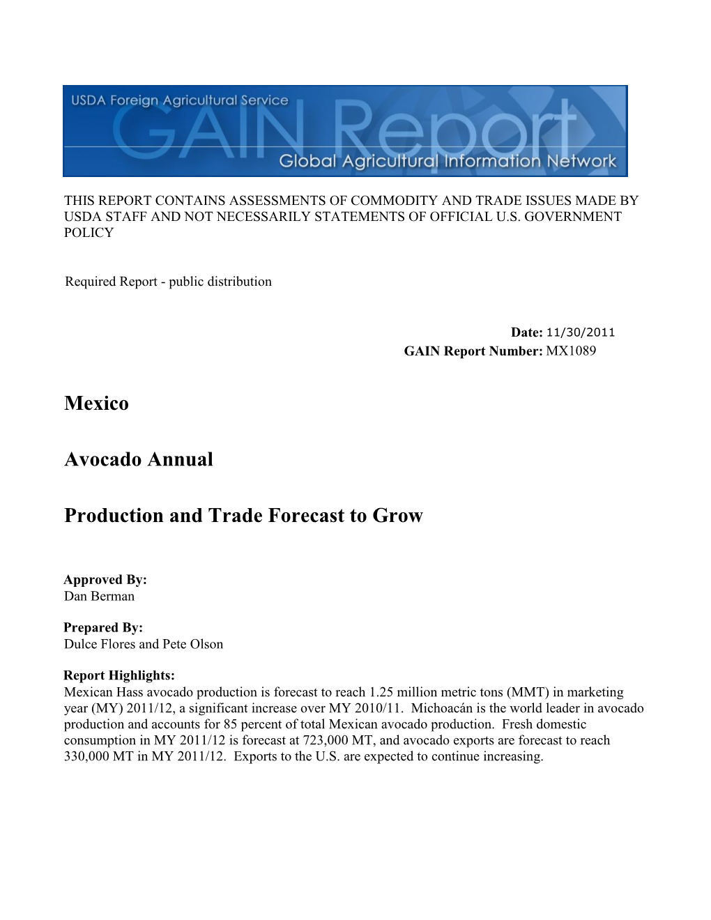 Production and Trade Forecast to Grow Avocado Annual Mexico