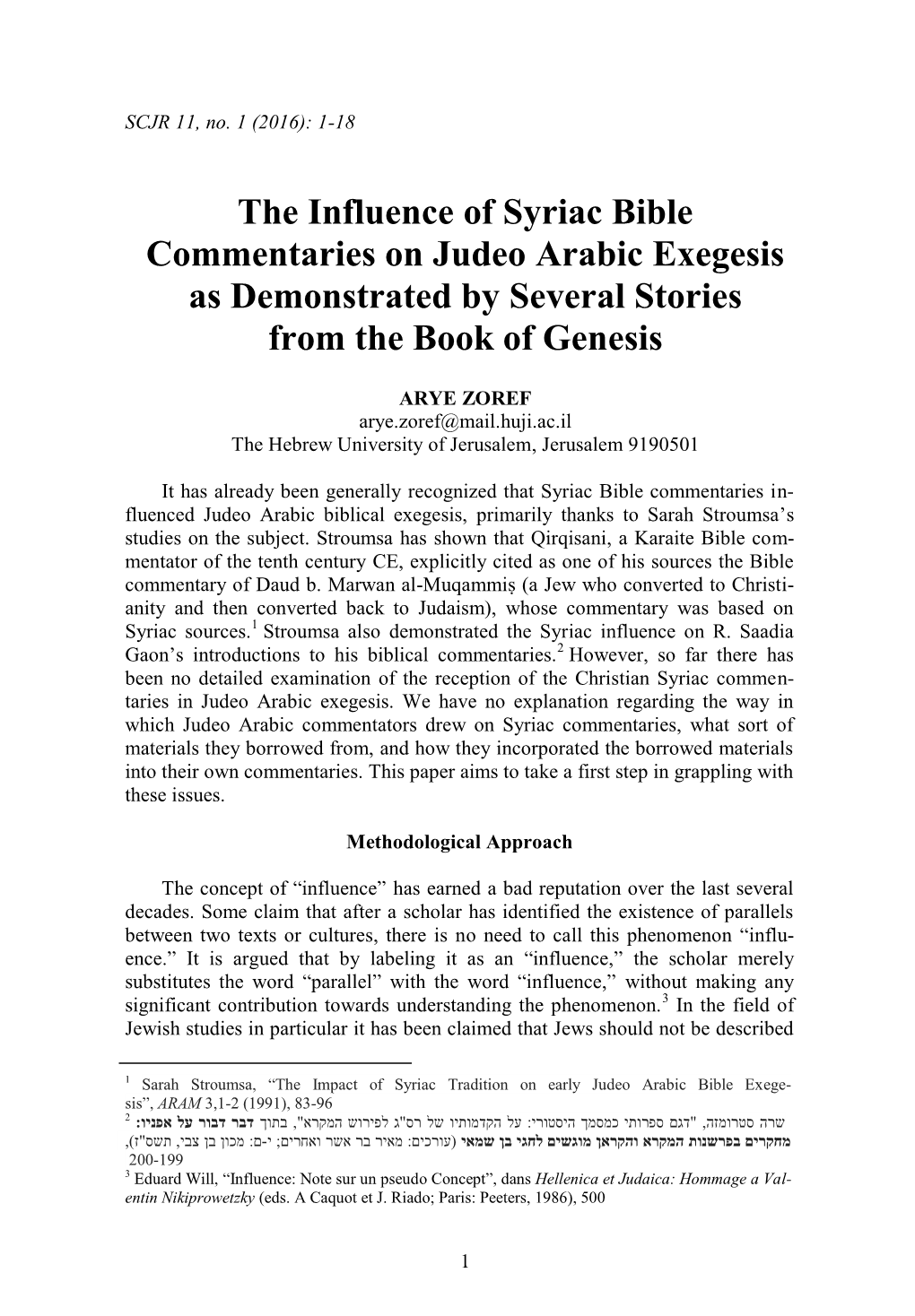 The Influence of Syriac Bible Commentaries on Judeo Arabic Exegesis As Demonstrated by Several Stories from the Book of Genesis