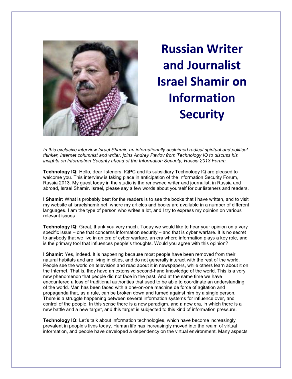 Russian Writer and Journalist Israel Shamir on Information Security