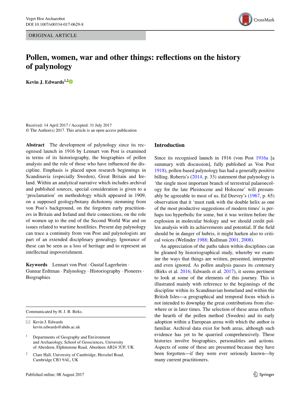 Pollen, Women, War and Other Things: Reflections on the History of Palynology