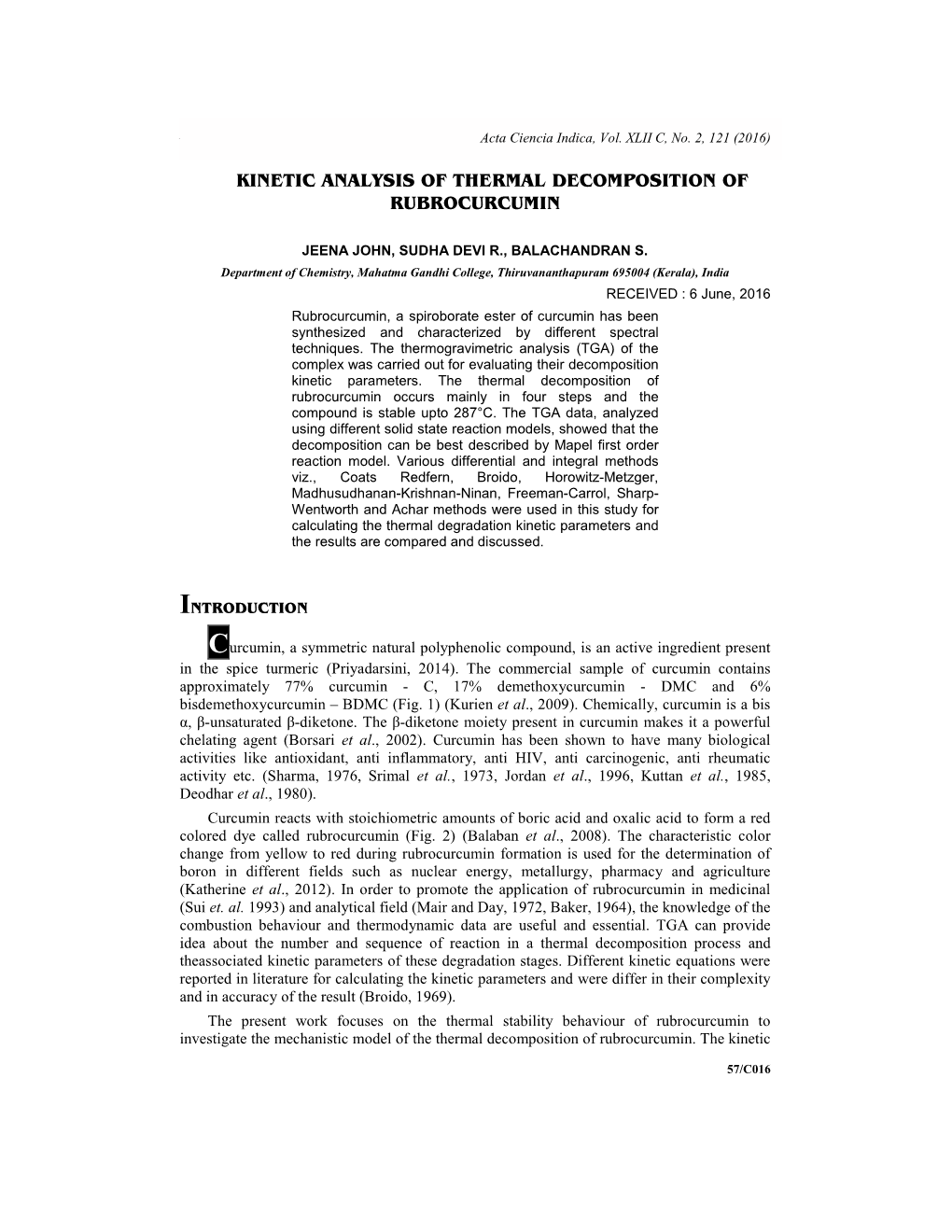 Kinetic Analysis of Thermal Decomposition of Rubrocurcumin