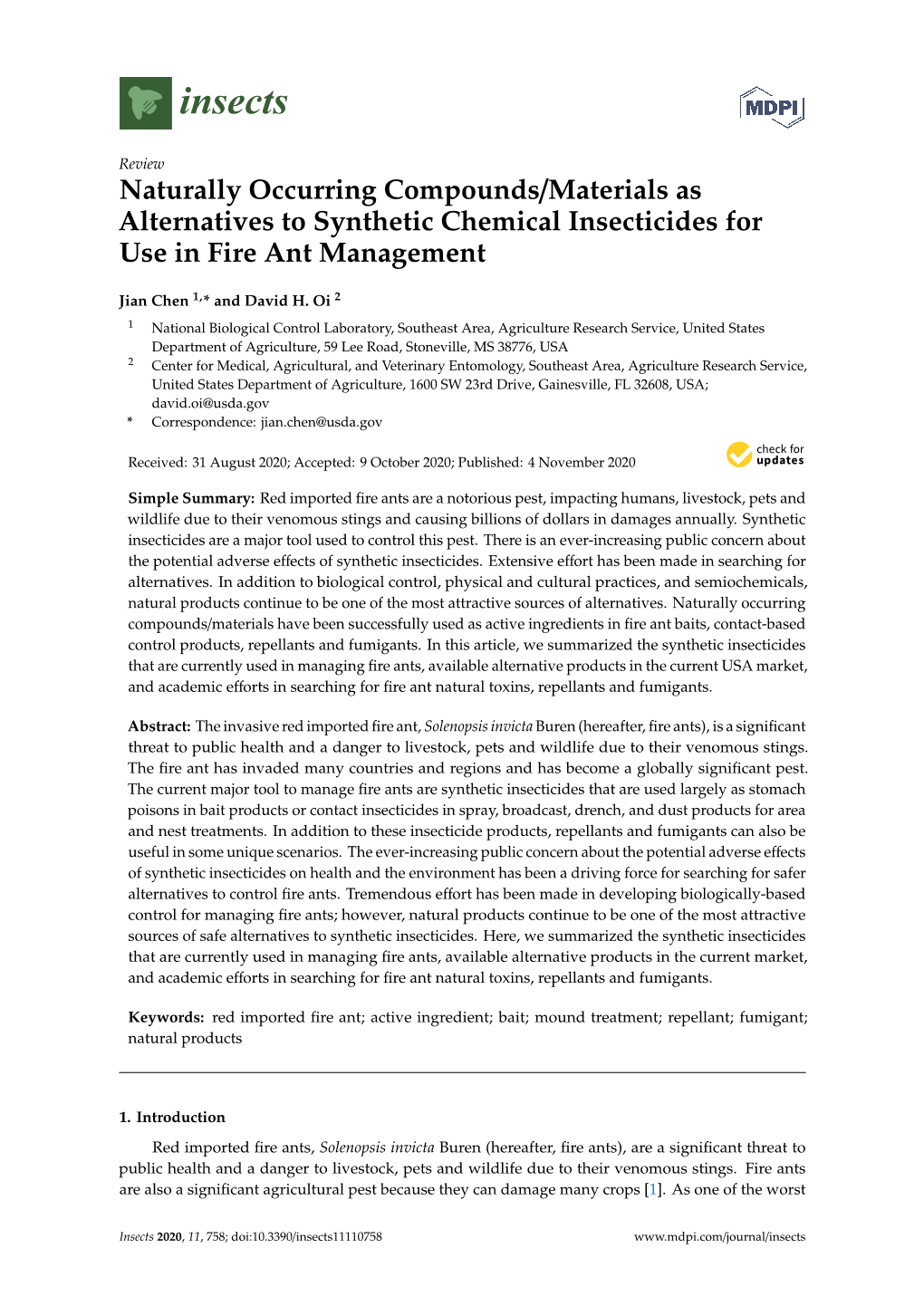 Naturally Occurring Compounds/Materials As Alternatives to Synthetic Chemical Insecticides for Use in Fire Ant Management