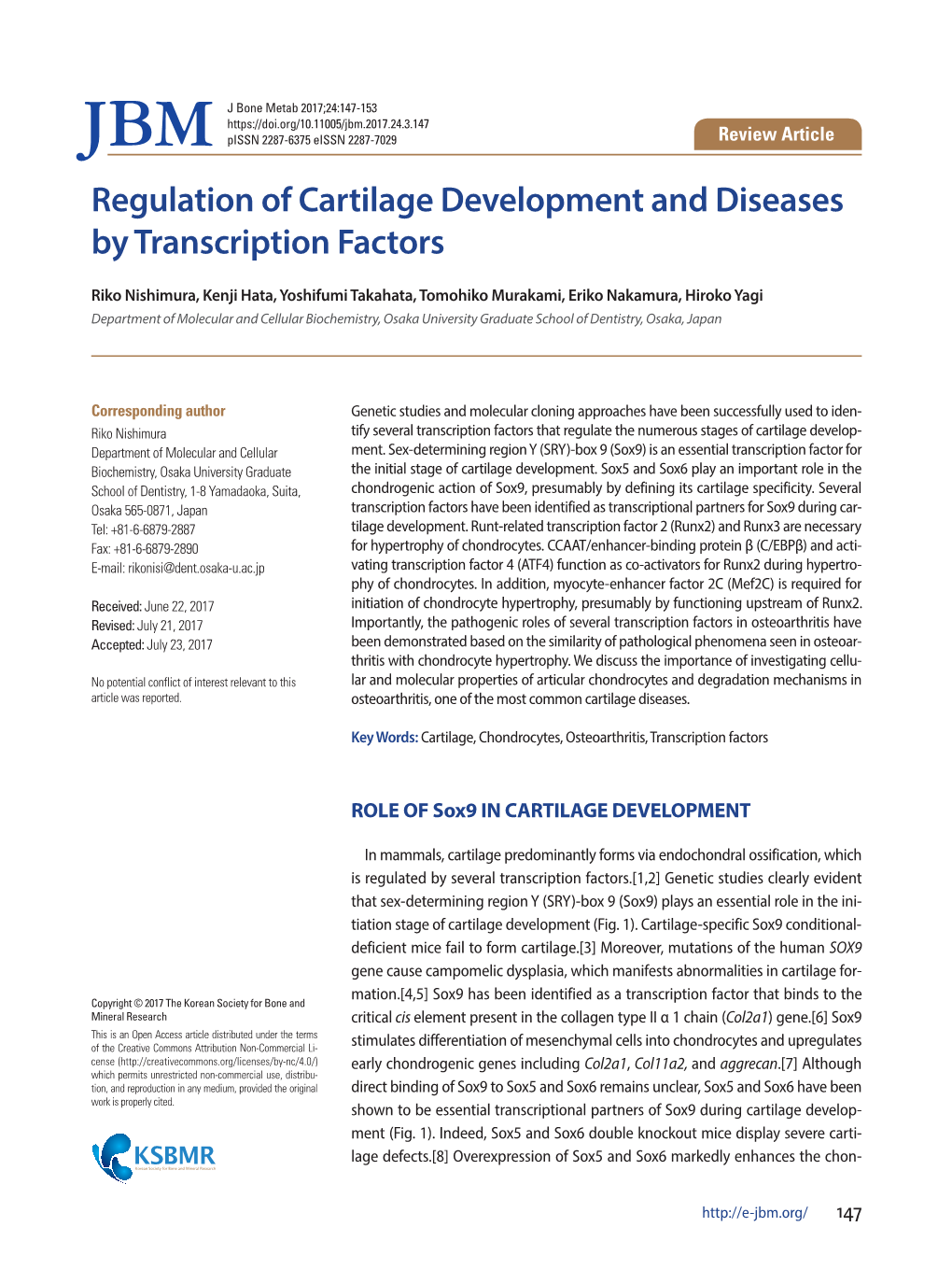 Regulation of Cartilage Development and Diseases by Transcription Factors