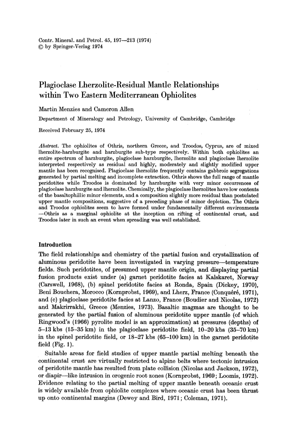 Plagioclase Lherzolite-Residual Mantle Relationships Within Two Eastern Mediterranean Ophiolites