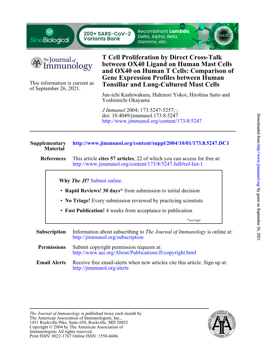 Tonsillar and Lung-Cultured Mast Cells Gene Expression Profiles