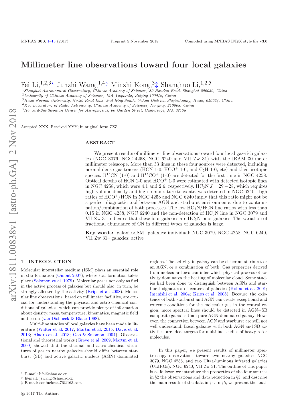 Millimeter Line Observations Toward Four Local Galaxies