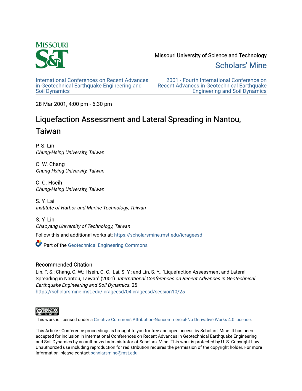 Liquefaction Assessment and Lateral Spreading in Nantou, Taiwan