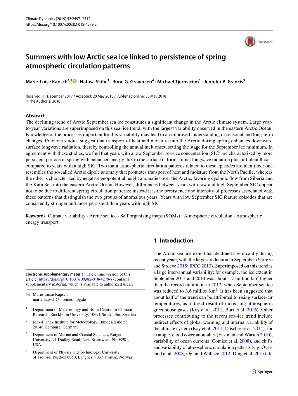 Summers with Low Arctic Sea Ice Linked to Persistence of Spring Atmospheric Circulation Patterns