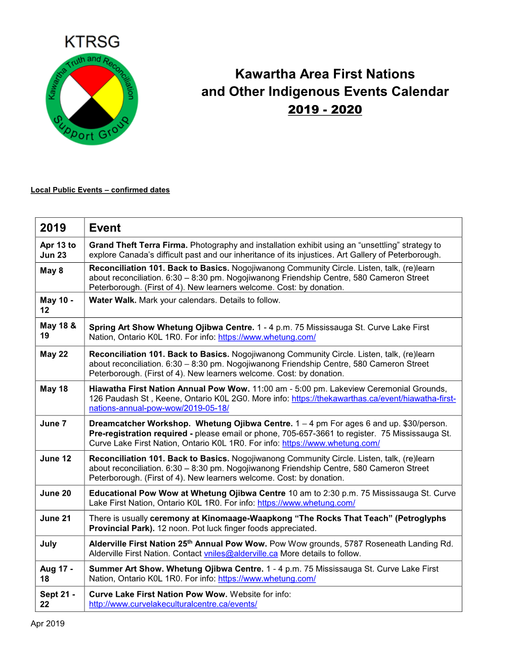 Kawartha Area First Nations and Other Indigenous Events Calendar 2019 - 2020