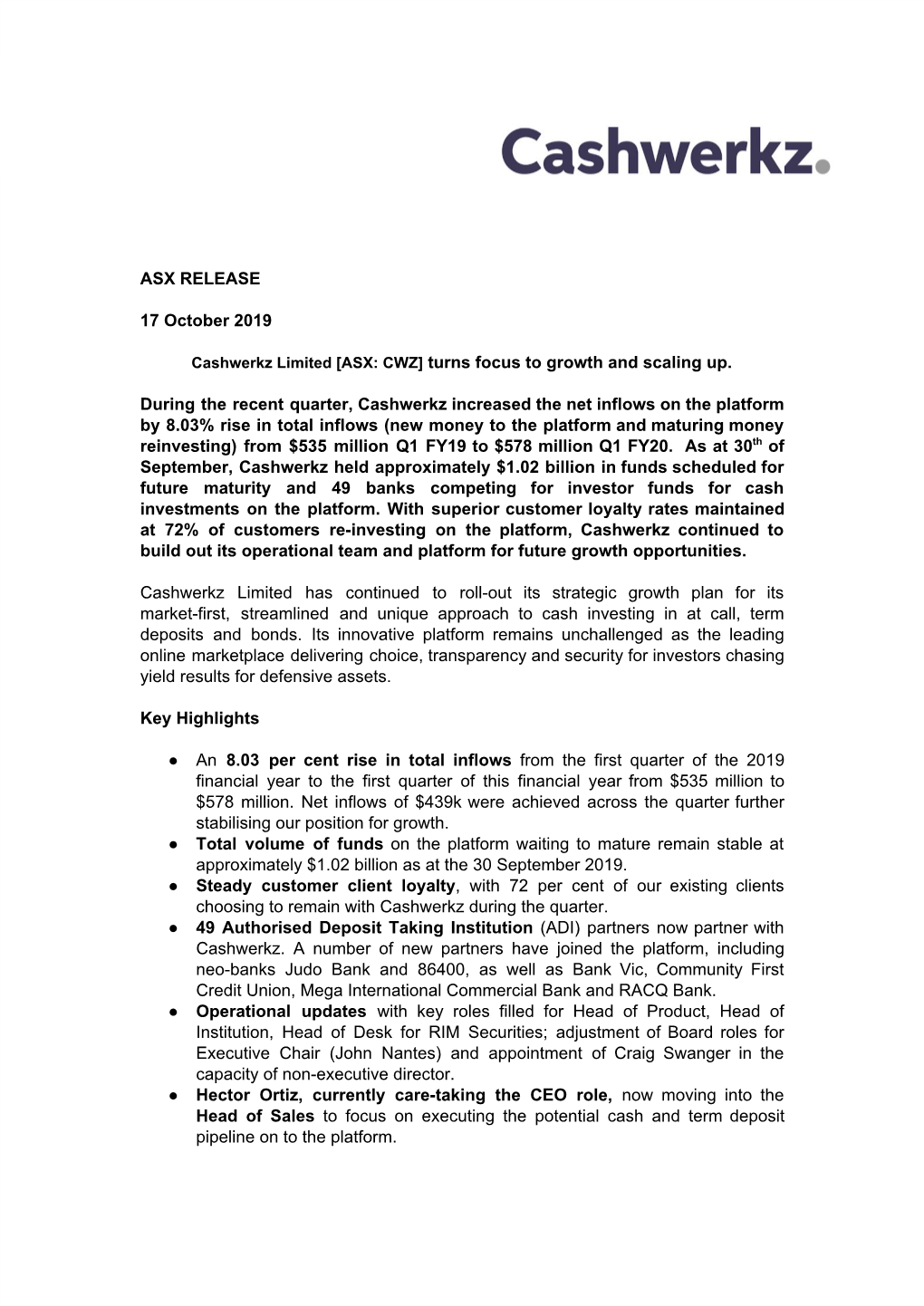 ASX RELEASE 17 October 2019 Cashwerkz Limited [ASX: CWZ