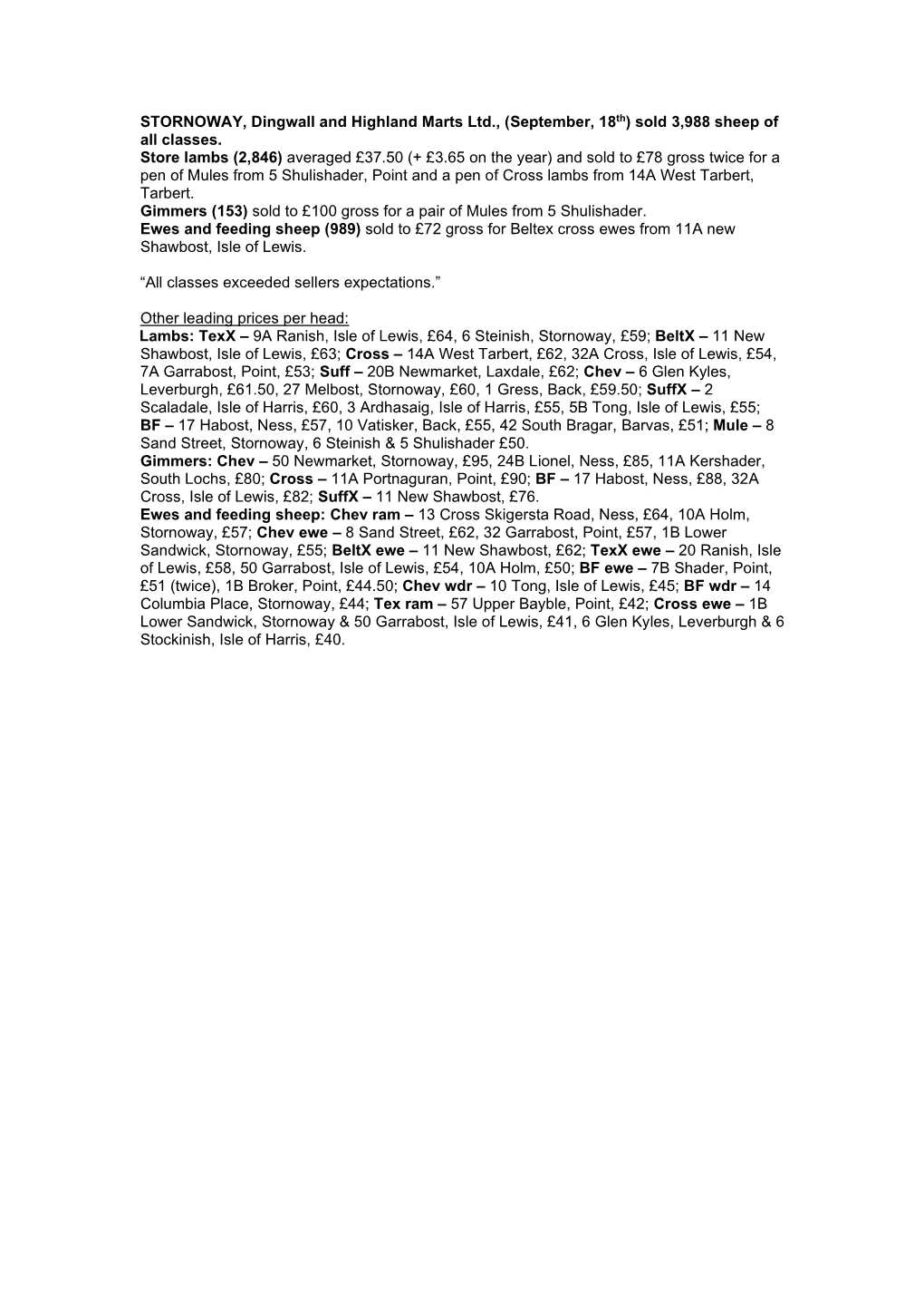 STORNOWAY, Dingwall and Highland Marts Ltd., (September, 18Th) Sold 3,988 Sheep of All Classes