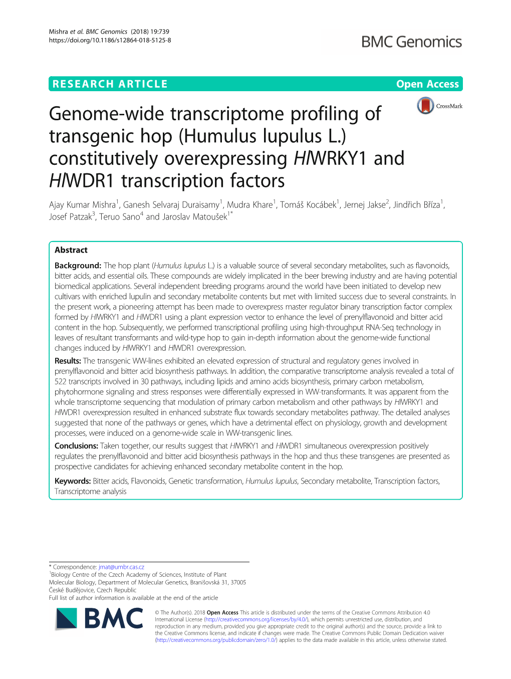 Genome-Wide Transcriptome Profiling of Transgenic Hop (Humulus Lupulus