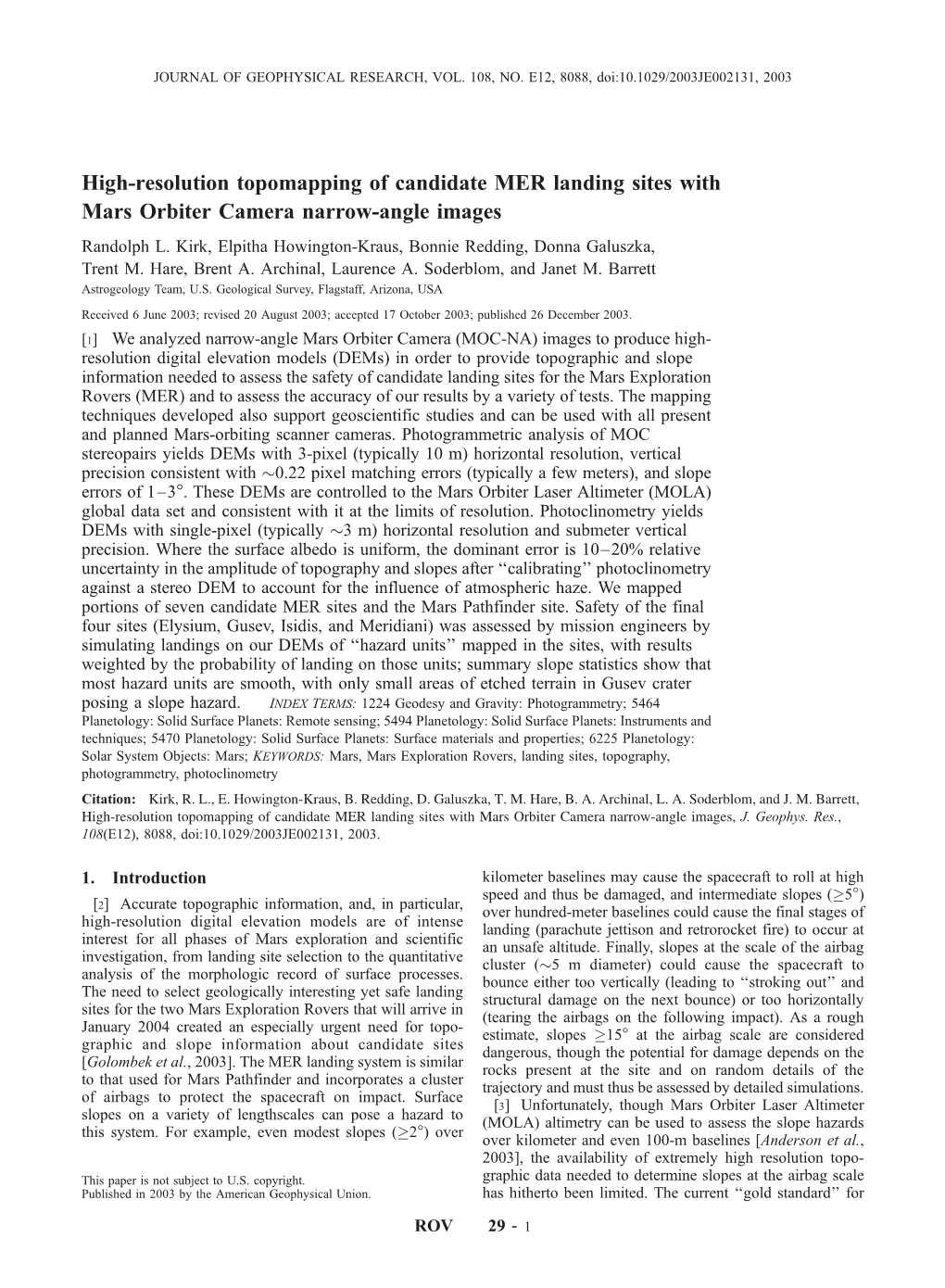 High-Resolution Topomapping of Candidate MER Landing Sites with Mars Orbiter Camera Narrow-Angle Images Randolph L