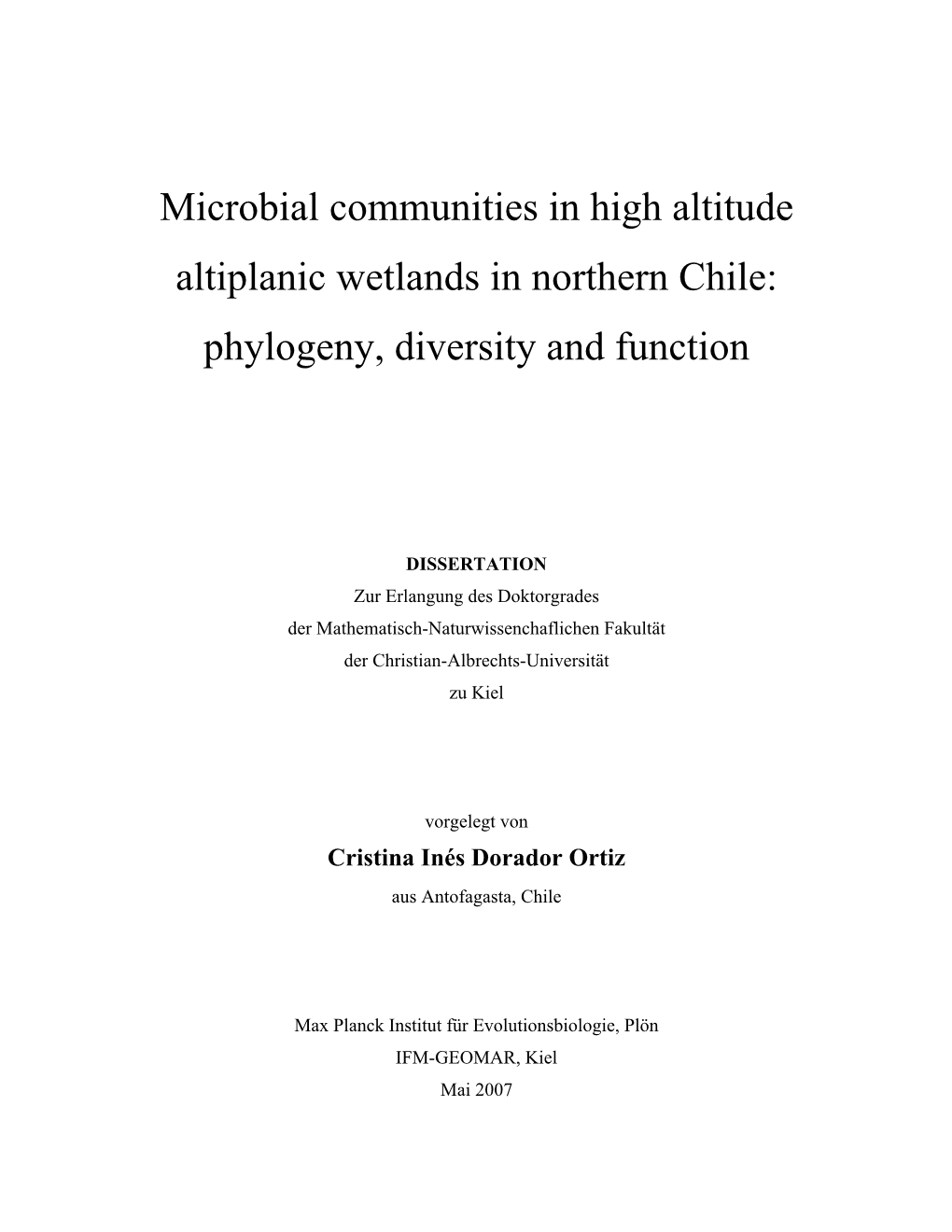 Microbial Communities in High Altitude Altiplanic Wetlands in Northern Chile: Phylogeny, Diversity and Function