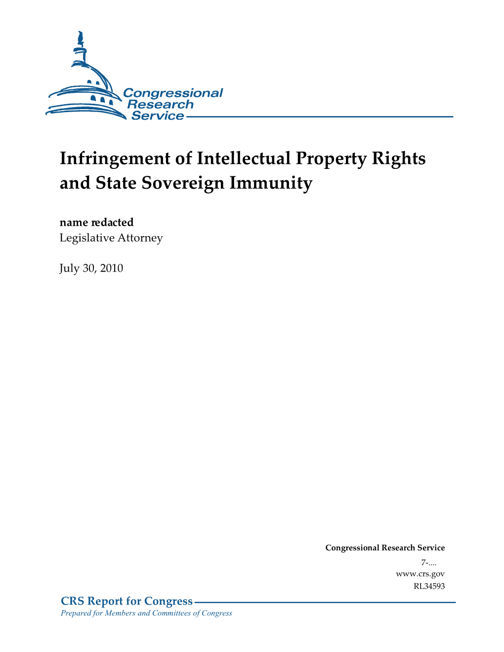 Infringement of Intellectual Property Rights and State Sovereign Immunity Name Redacted Legislative Attorney