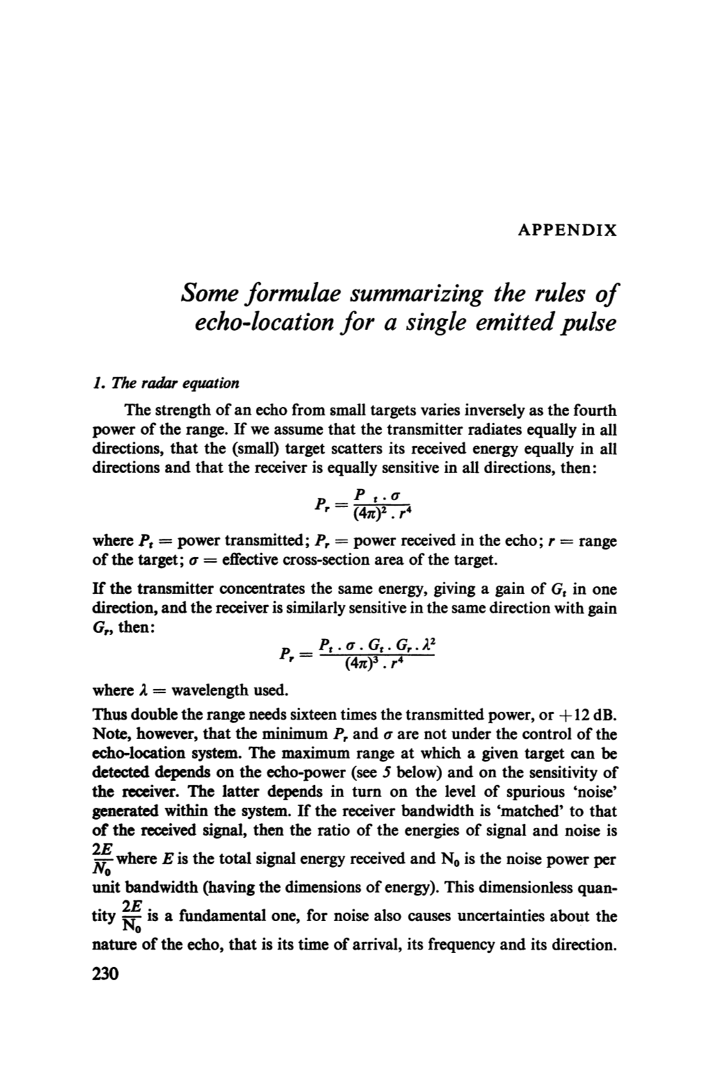 Some Formulae Summarizing the Rules of Echo-Location for a Single Emitted Pulse