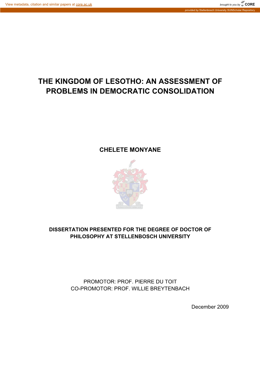 The Kingdom of Lesotho: an Assessment of Problems in Democratic Consolidation