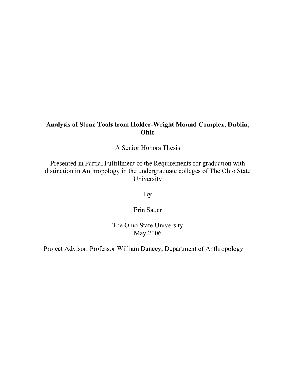 Analysis of Stone Tools from Holder-Wright Mound Complex, Dublin, Ohio