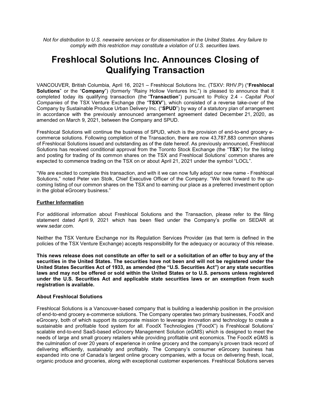 Freshlocal Solutions Inc. Announces Closing of Qualifying Transaction