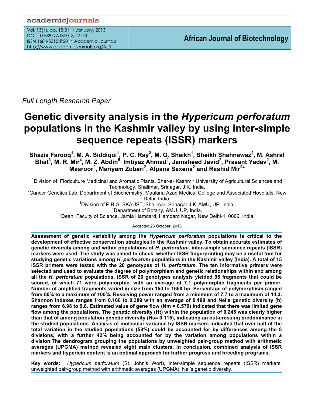 Genetic Diversity Analysis in the Hypericum Perforatum Populations in the Kashmir Valley by Using Inter-Simple Sequence Repeats (ISSR) Markers