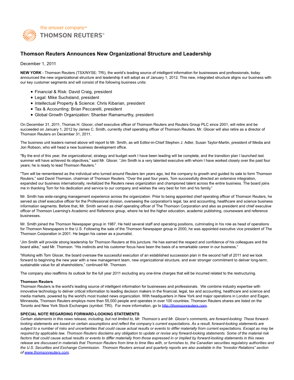 Thomson Reuters Announces New Organizational Structure and Leadership