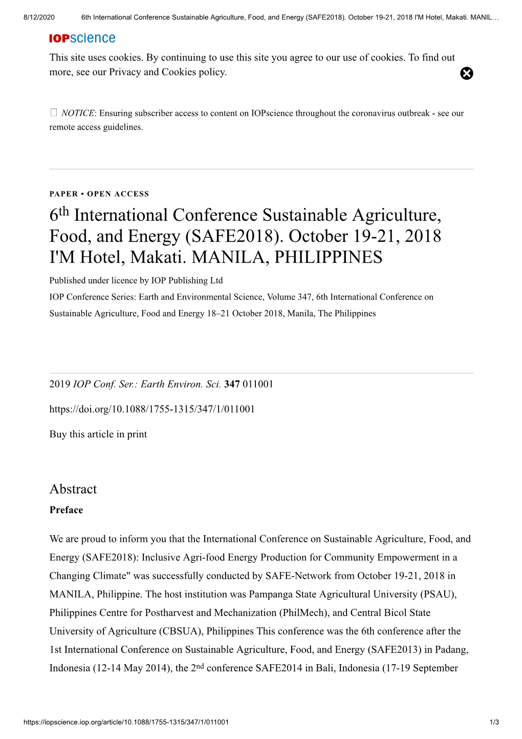 6 International Conference Sustainable Agriculture, Food, and Energy (SAFE2018)