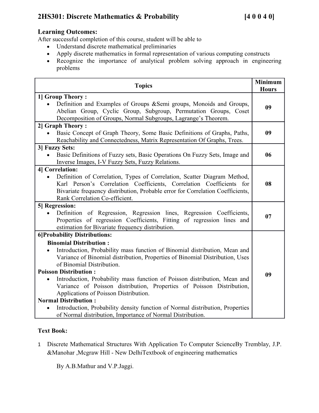 2HS301: Discrete Mathematics & Probability 4 0 0 4 0