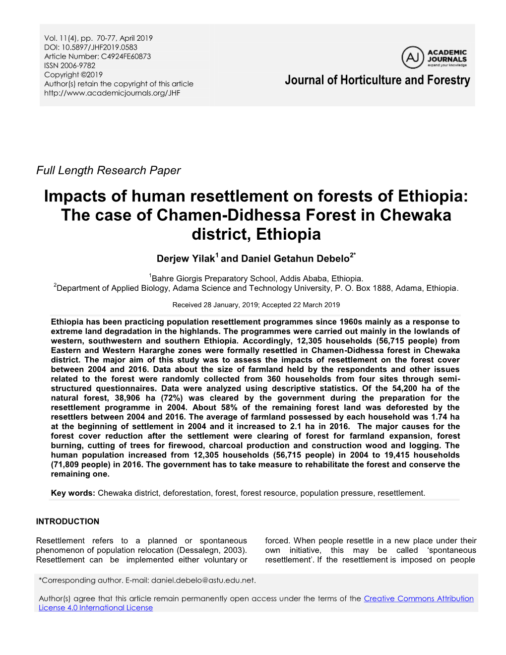 Impacts of Human Resettlement on Forests of Ethiopia: the Case of Chamen-Didhessa Forest in Chewaka District, Ethiopia