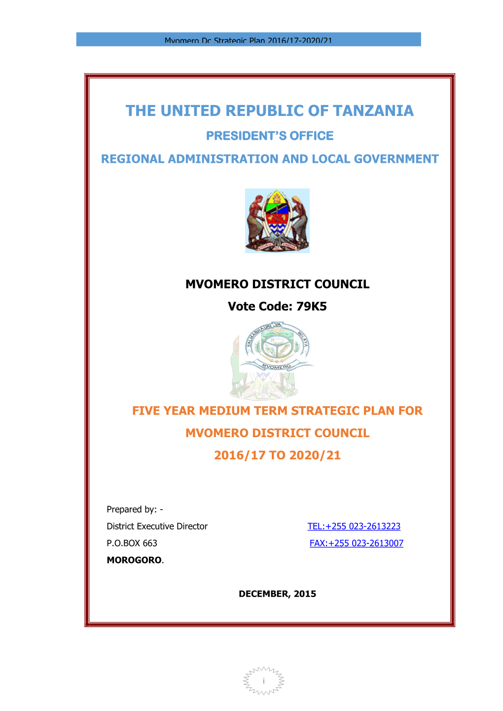 Mvomero Dc Strategic Plan 2016/17-2020/21