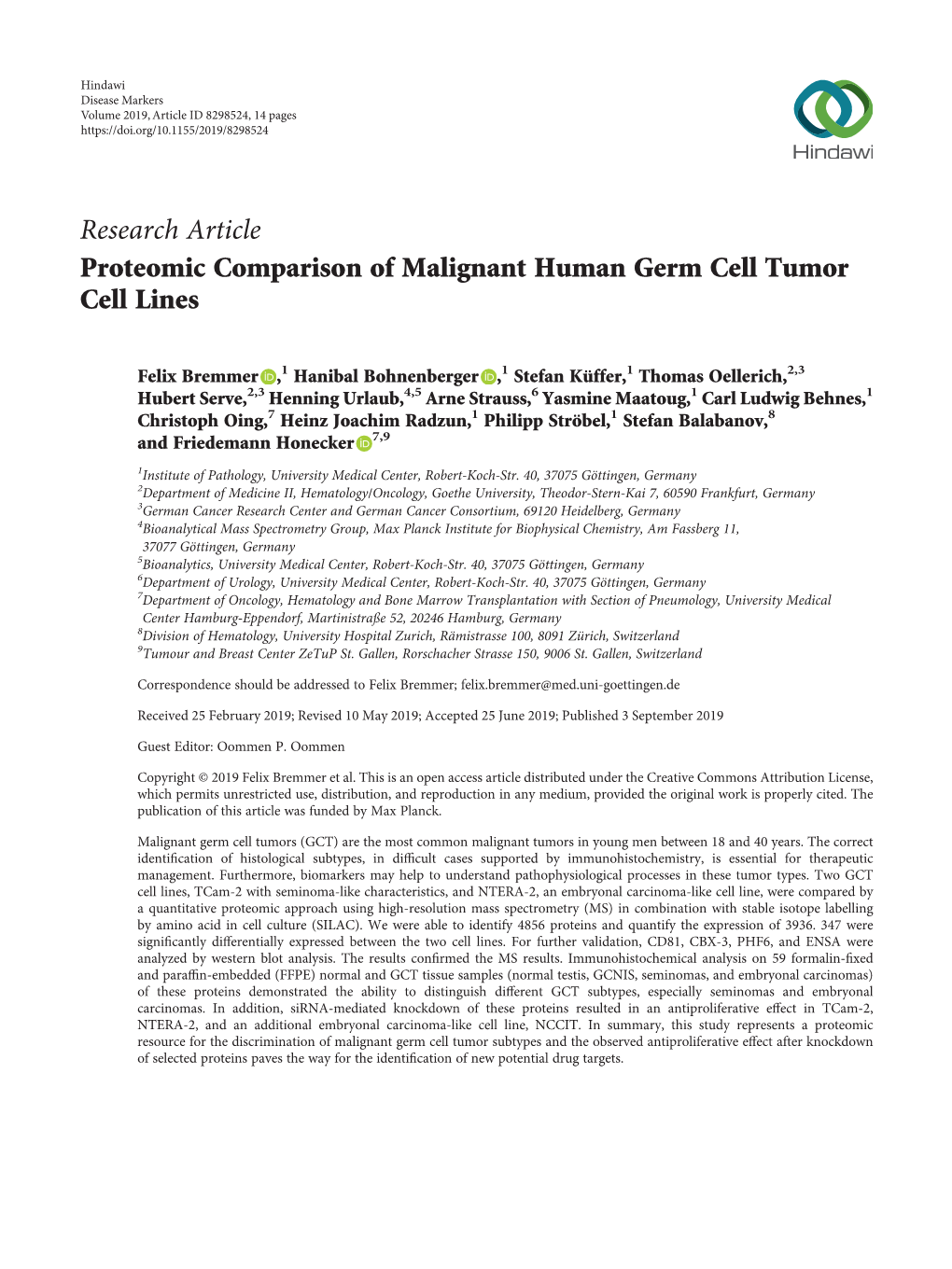 Proteomic Comparison of Malignant Human Germ Cell Tumor Cell Lines