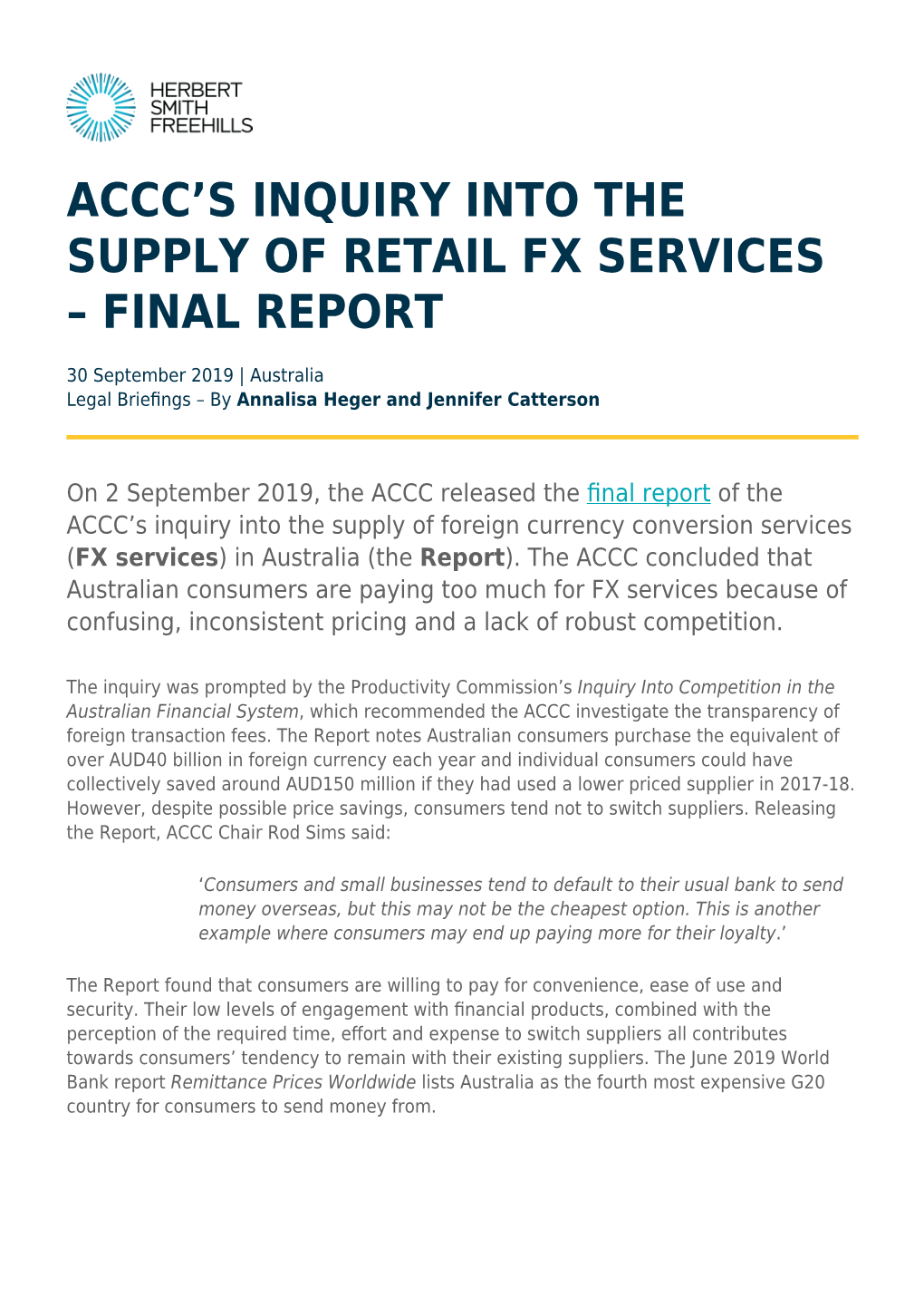 ACCC's Inquiry Into the Supply of Retail FX