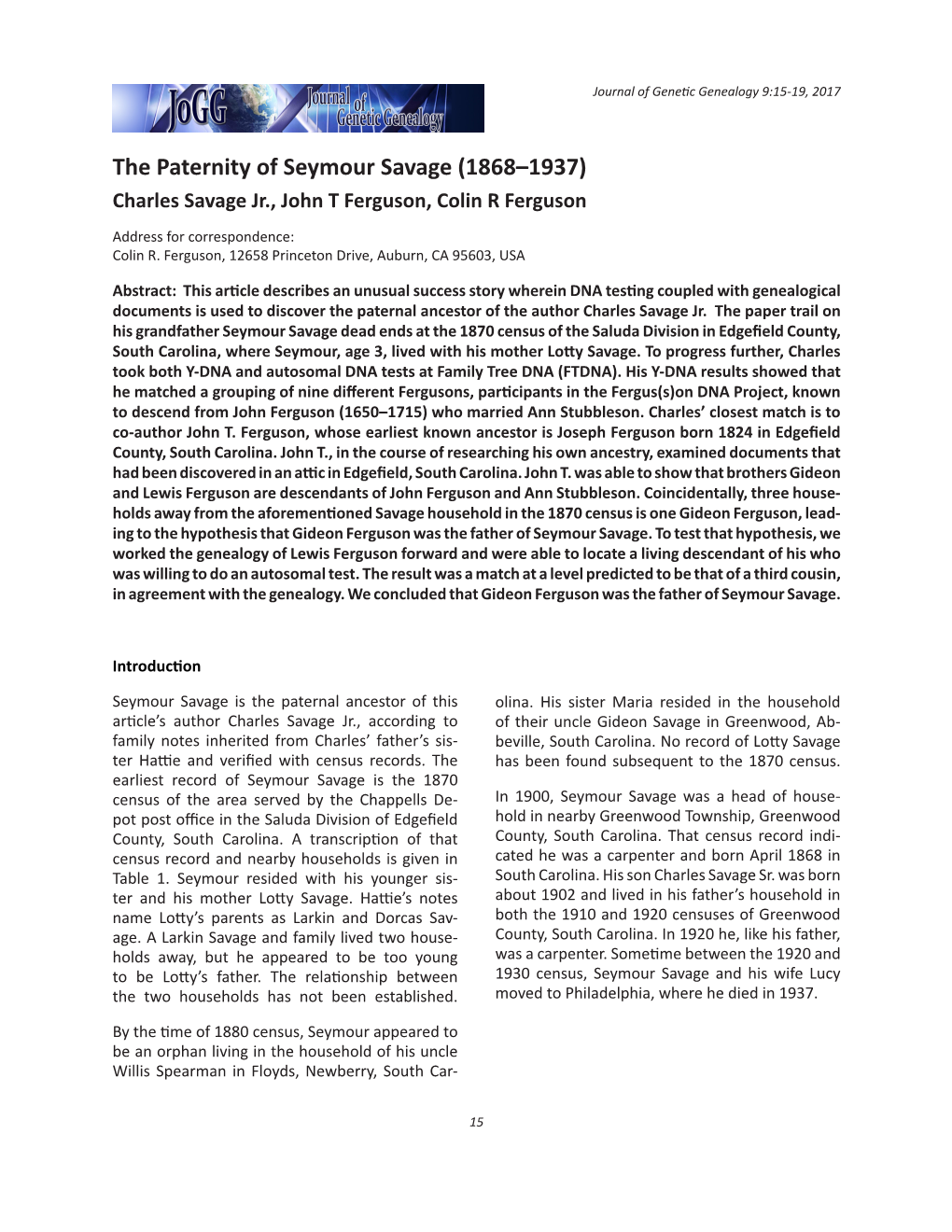 The Paternity of Seymour Savage (1868–1937) Charles Savage Jr., John T Ferguson, Colin R Ferguson