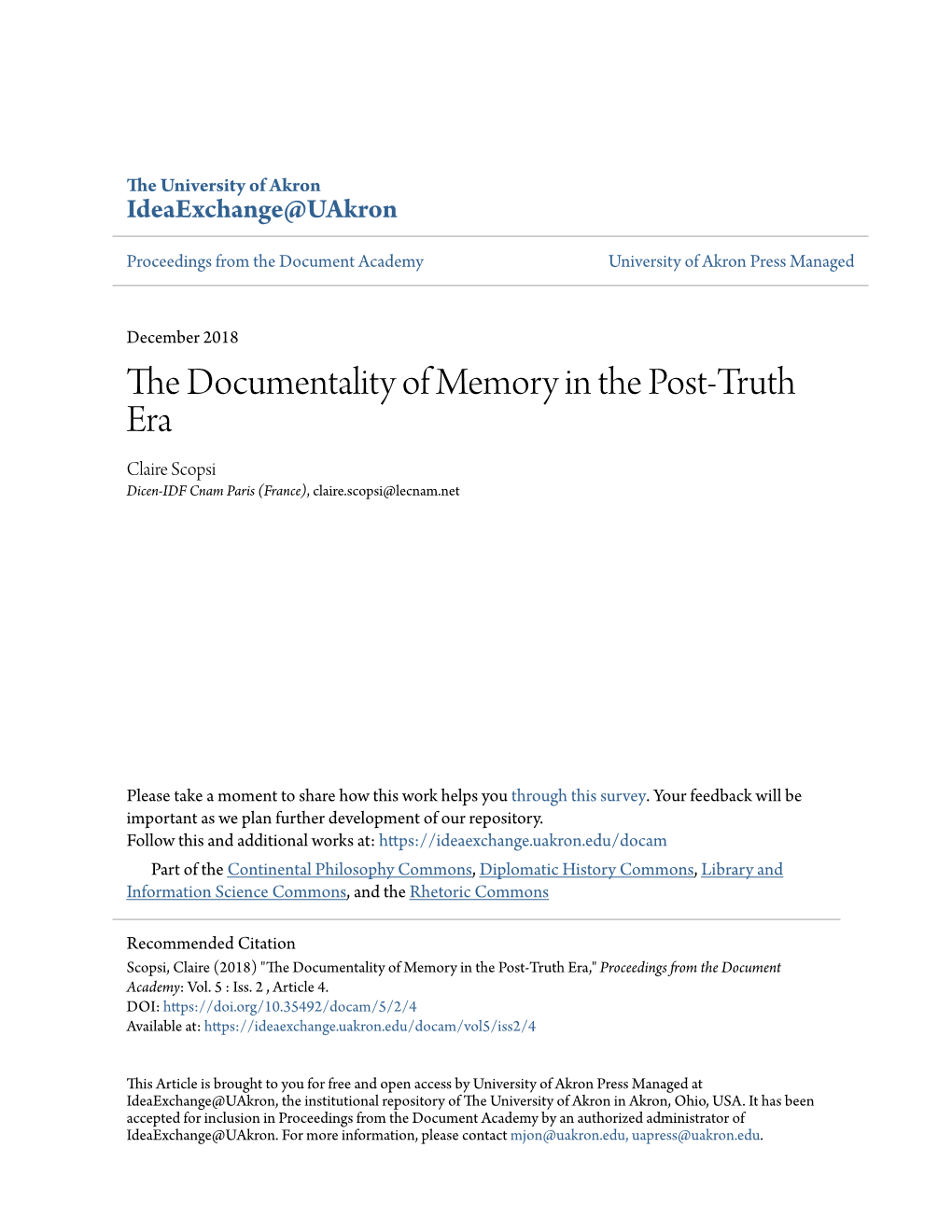The Documentality of Memory in the Post-Truth