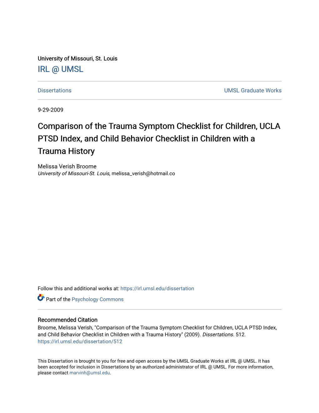 Comparison of the Trauma Symptom Checklist for Children, UCLA PTSD Index, and Child Behavior Checklist in Children with a Trauma History