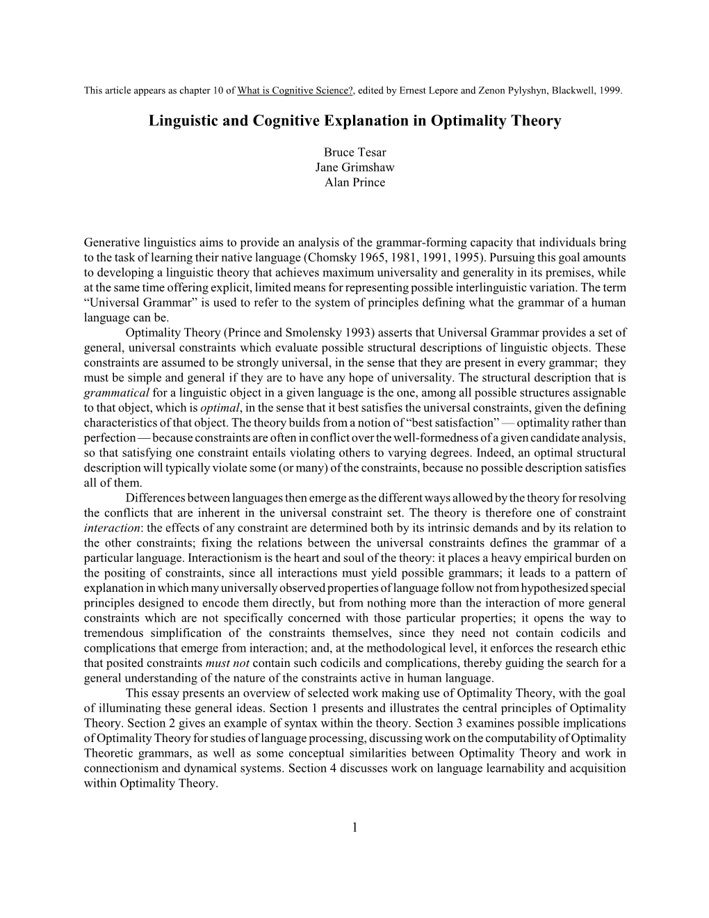 Linguistic and Cognitive Explanation in Optimality Theory