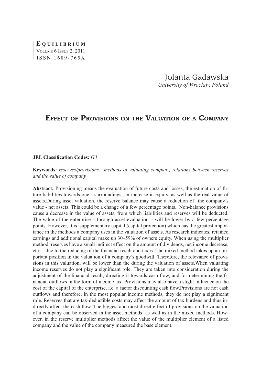 Effect of Provision on the Valuation of a Campany