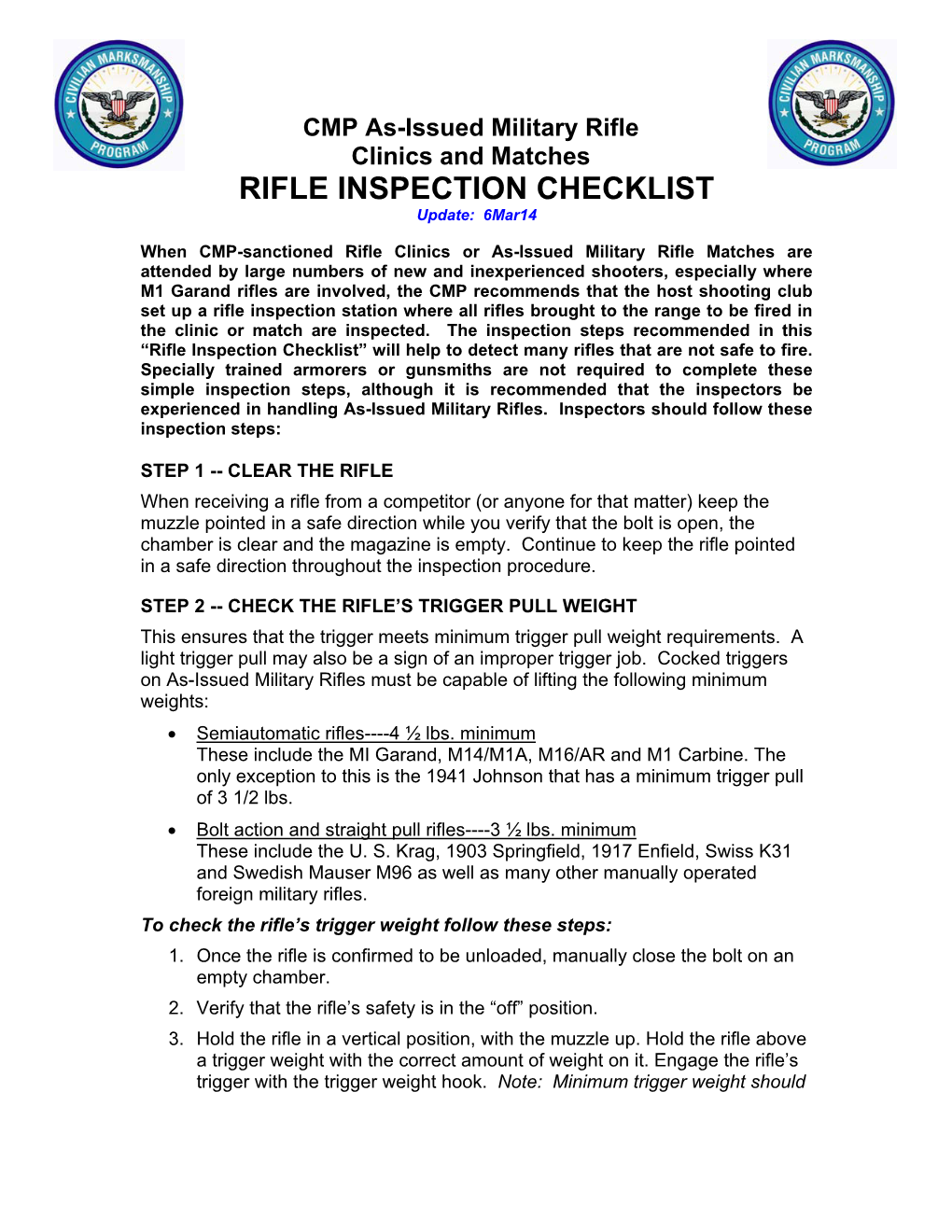 RIFLE INSPECTION CHECKLIST Update: 6Mar14