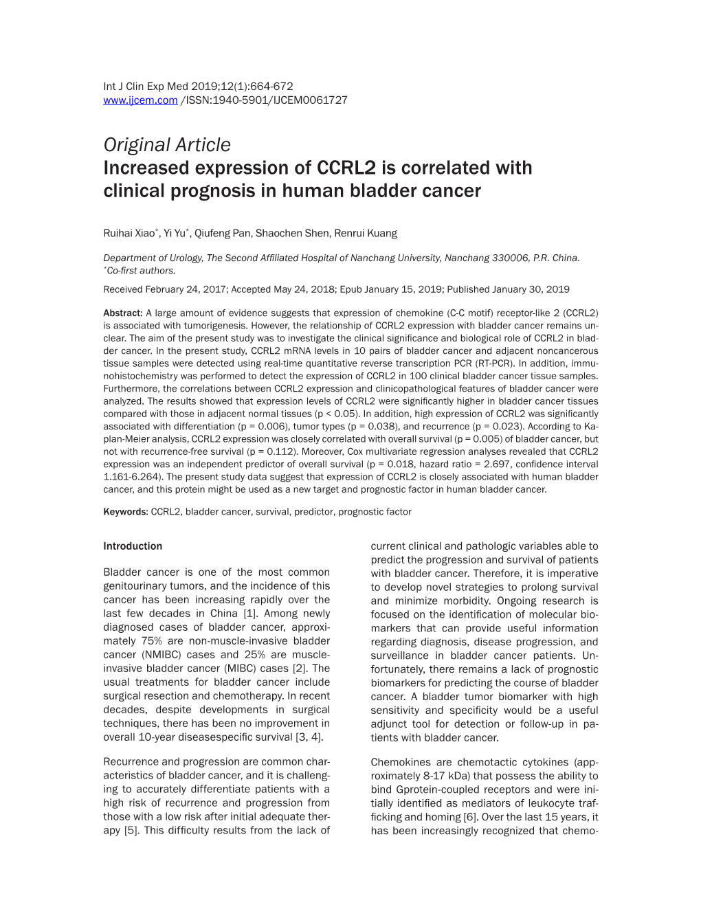 Original Article Increased Expression of CCRL2 Is Correlated with Clinical Prognosis in Human Bladder Cancer