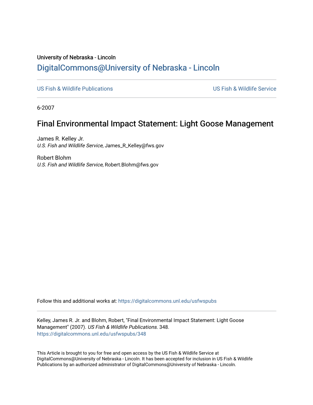 Final Environmental Impact Statement: Light Goose Management