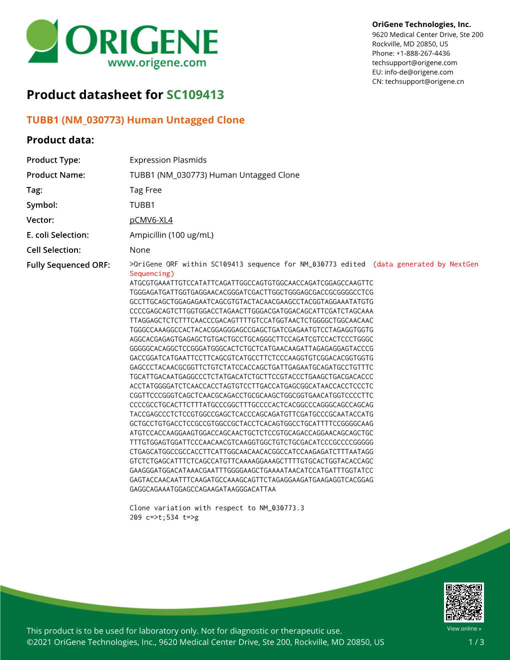 TUBB1 (NM 030773) Human Untagged Clone Product Data